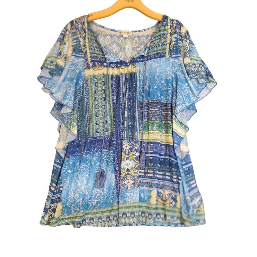 One World Patchwork Boho Tassel V Neck‎ Flutter Sleeve Top Women's M Blue Green